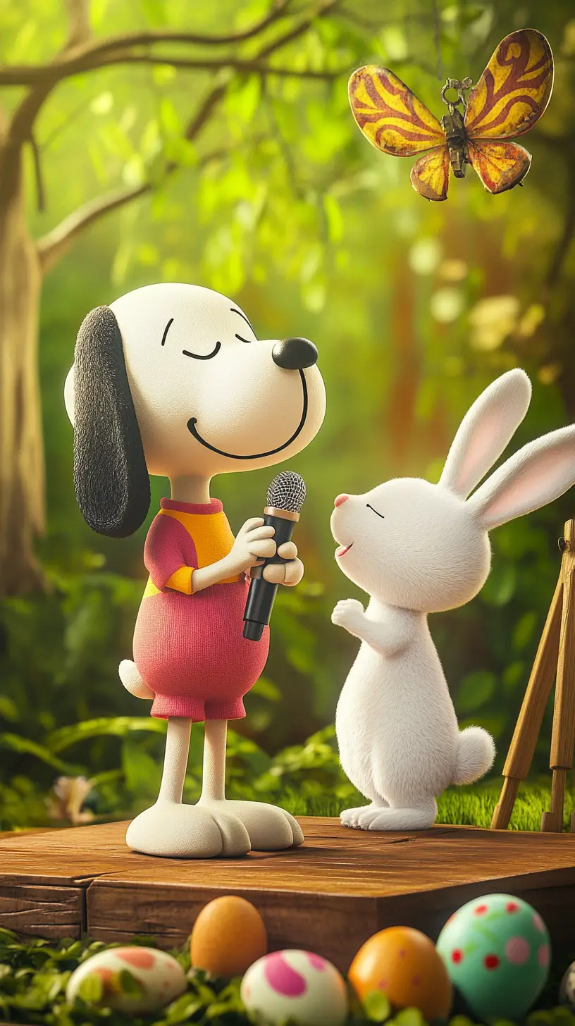 Snoopy And Easter Rabbit Singing Together On Outdoor Stage