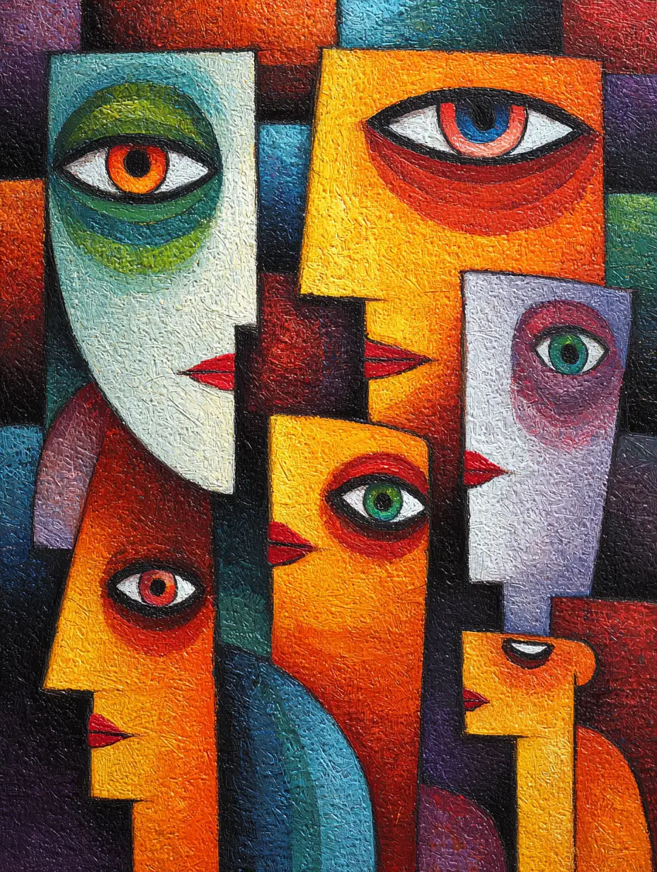 Cubist surreal group portrait with fragmented staring faces