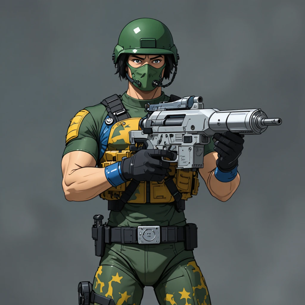 Anime soldier with green armor and futuristic laser blaster