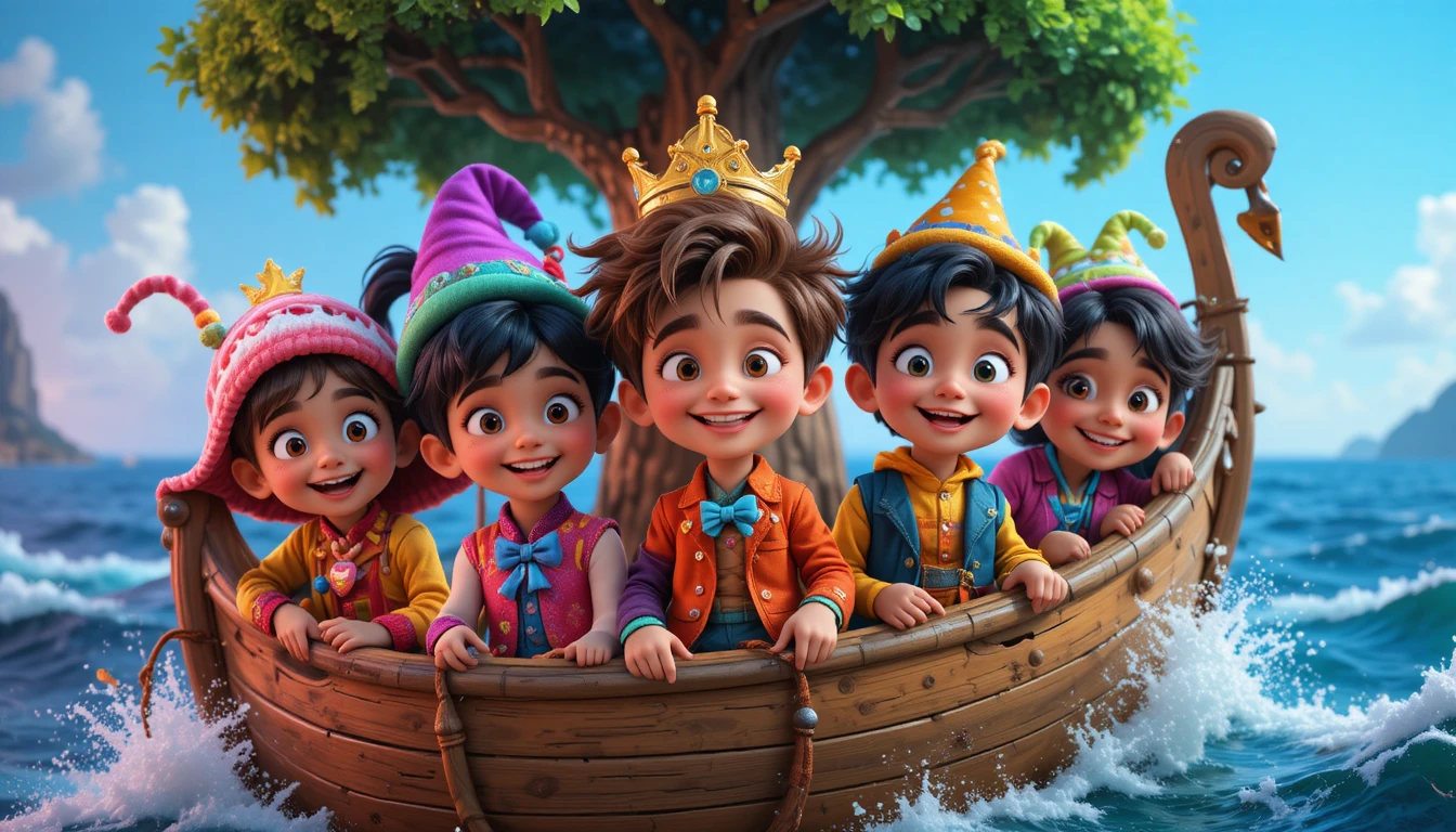 Playful multicultural kids on a neon fantasy sea adventure