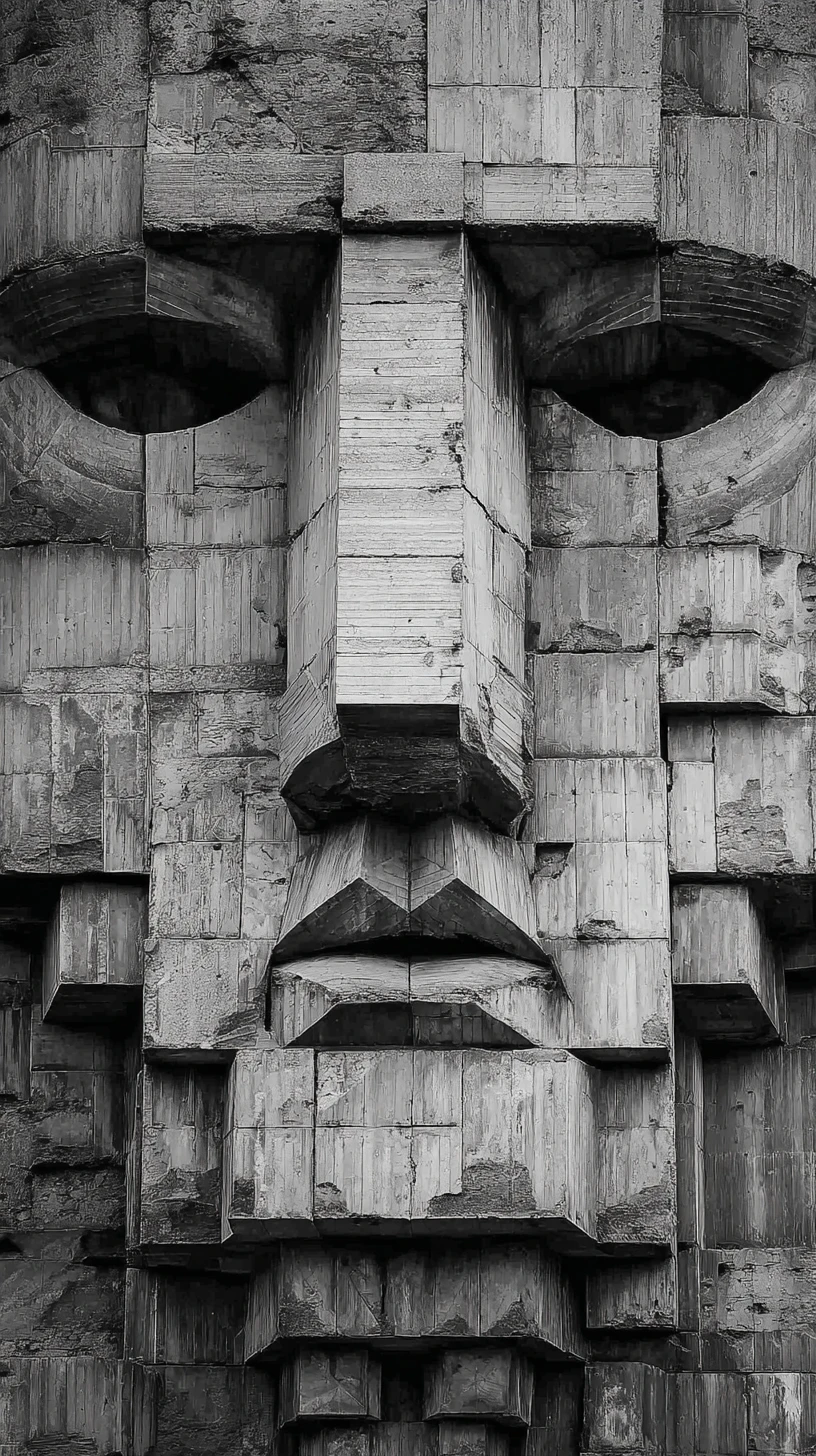 Monumental brutalist concrete facade forming a human face