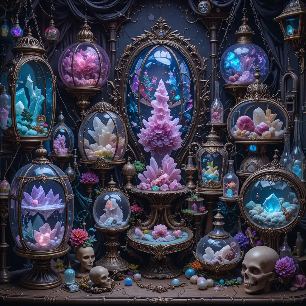 Victorian curiosity display of crystals and witchy relics