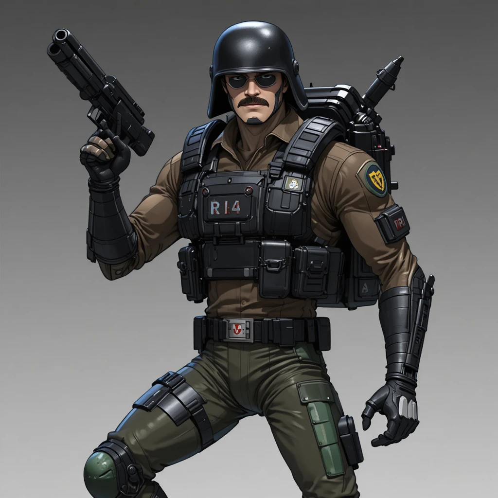 Anime soldier with eyepatch helmet and bionic arm portrait