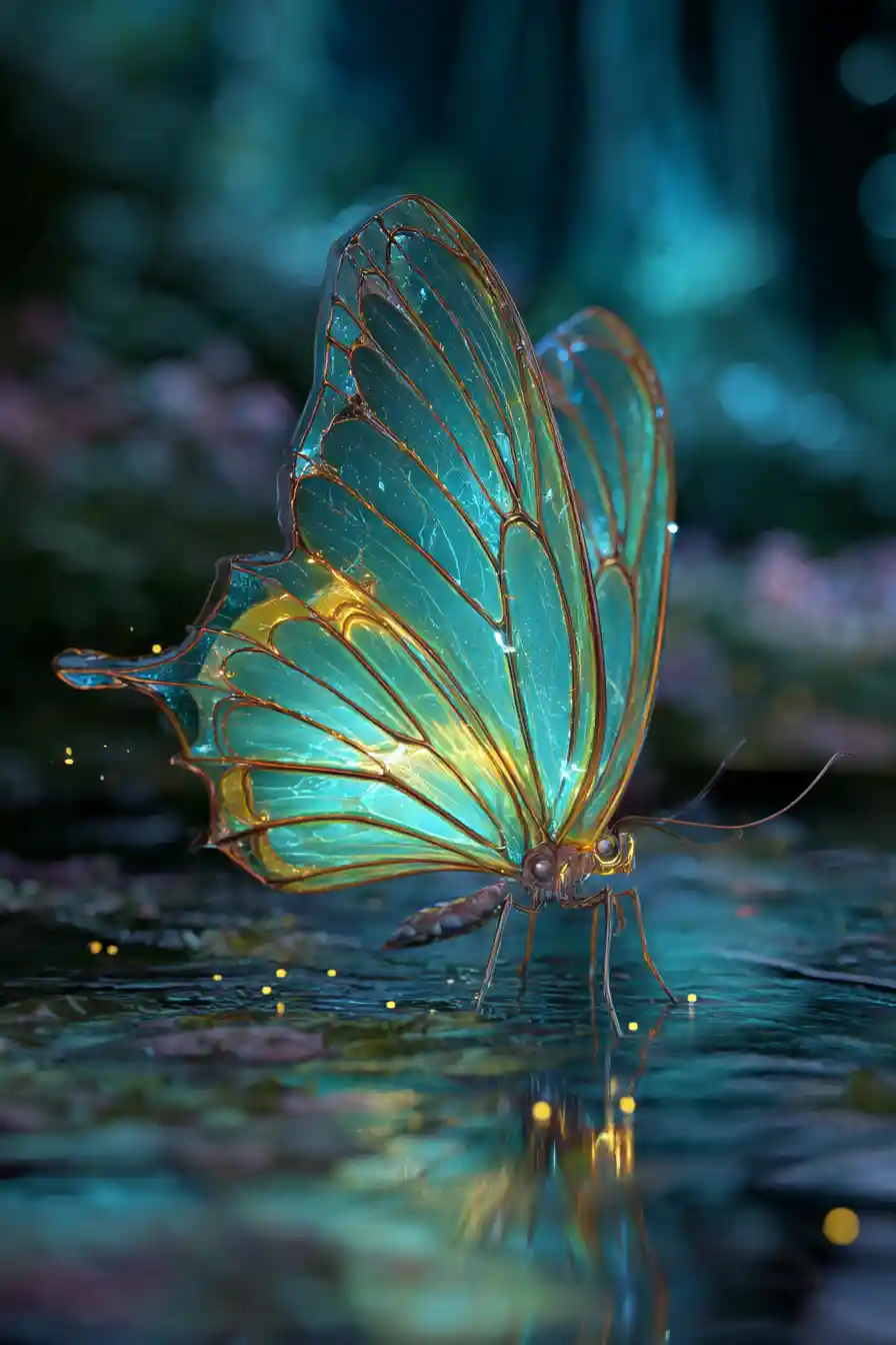 Mariposa mágica luminosa sobre el agua reflectante al atardecer