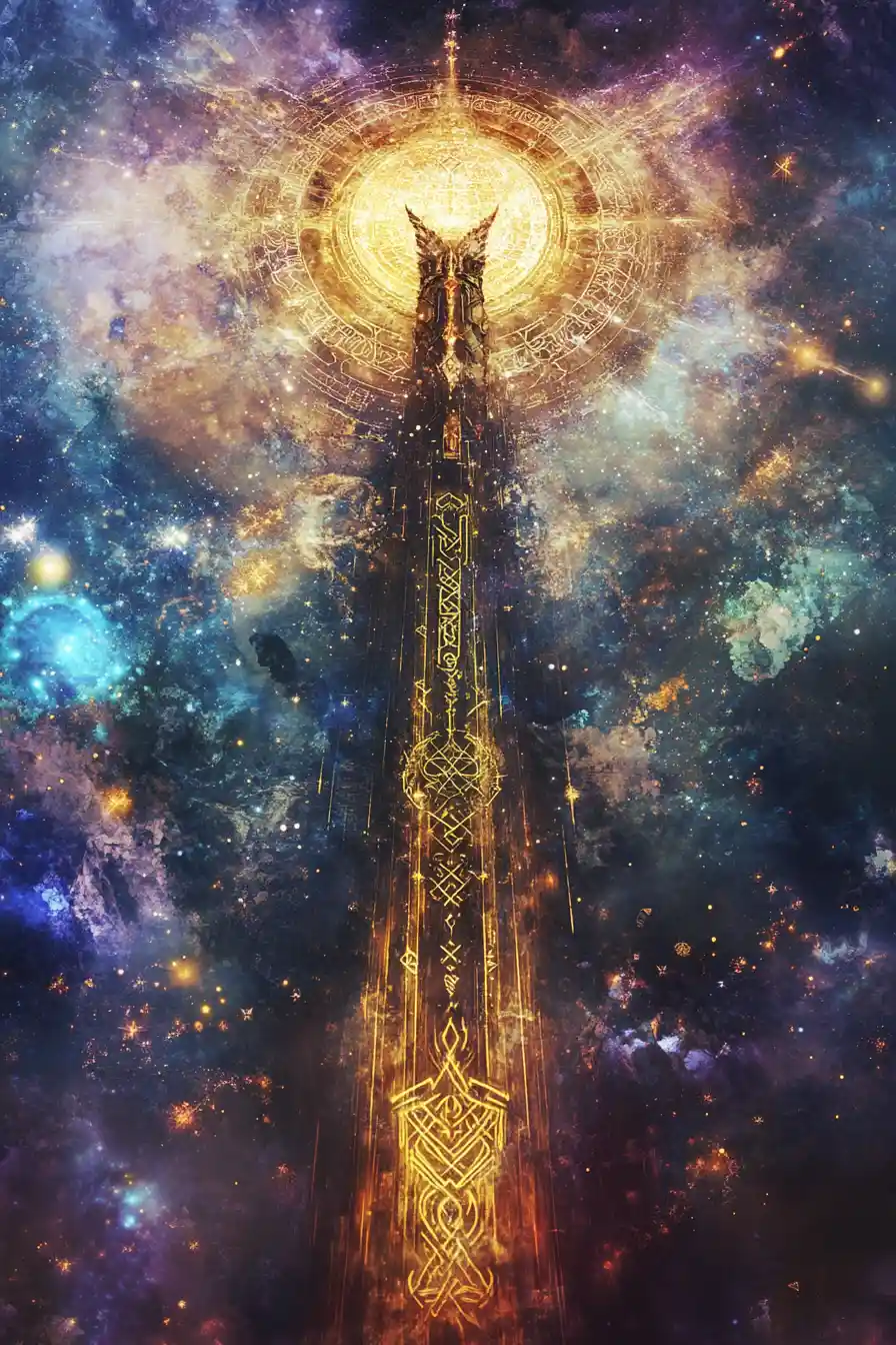 Figura alata mistica che ascende in un cielo illuminato da rune