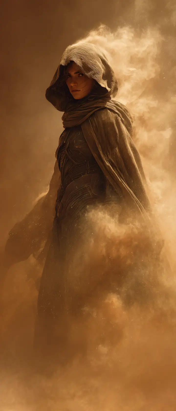 Mysterious Cloaked Woman Emerging From Desert Sandstorm
