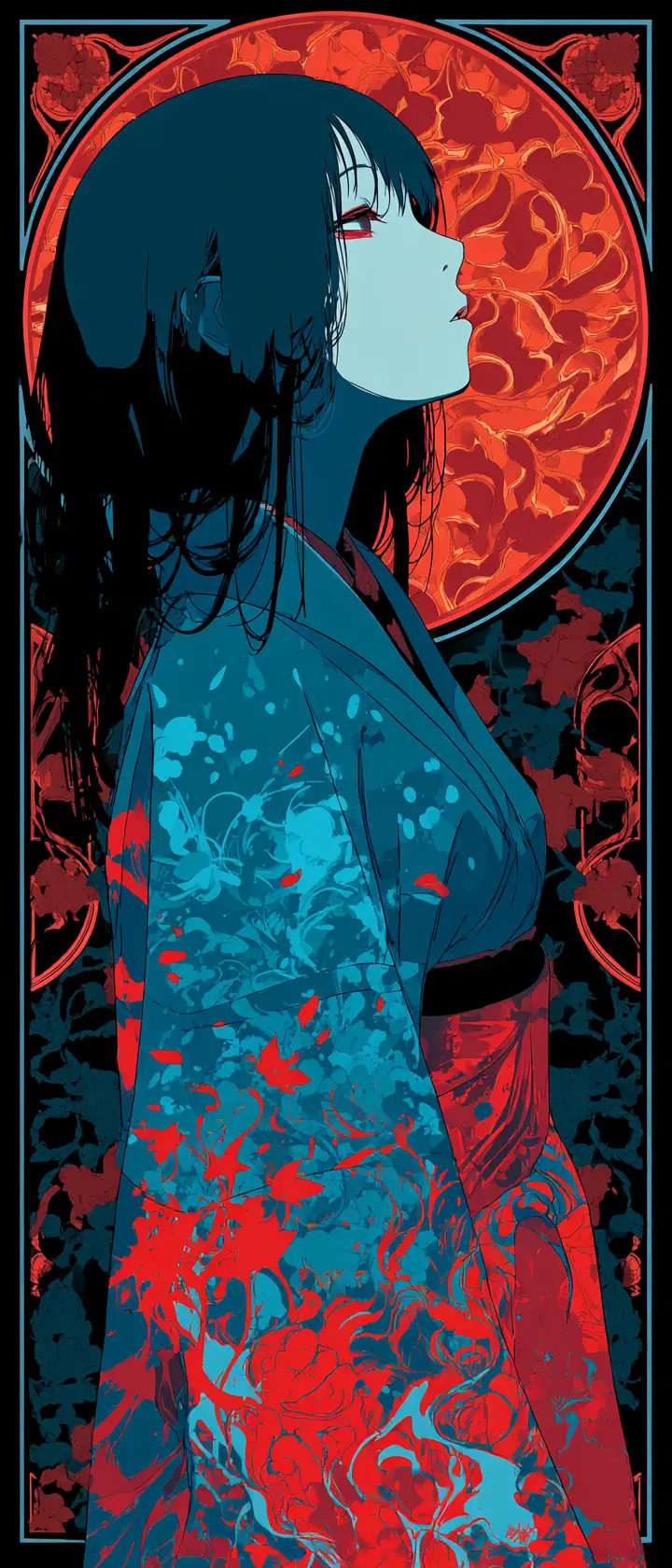 Gothic anime ghost girl in side profile with floral kimono
