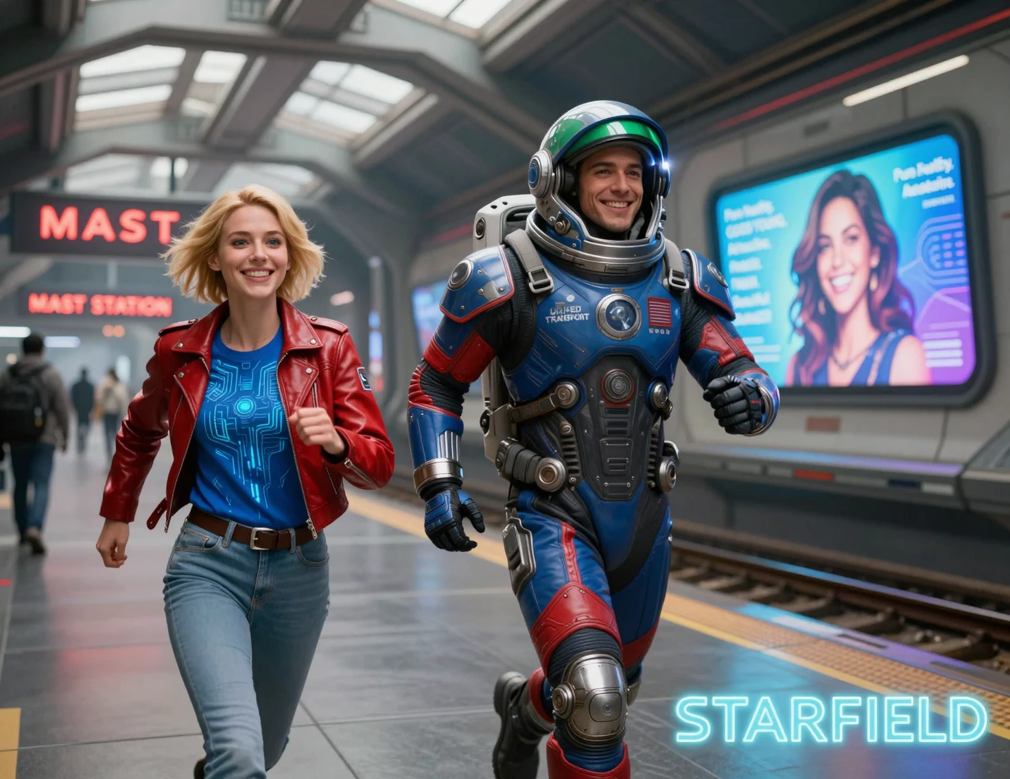Smiling woman running through futuristic neon train station