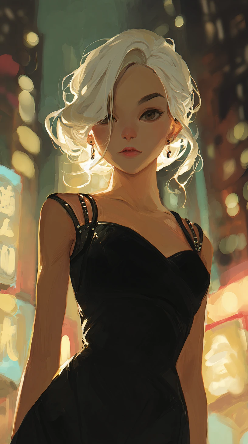 Platinum blonde woman on rainy neon lit city rooftop