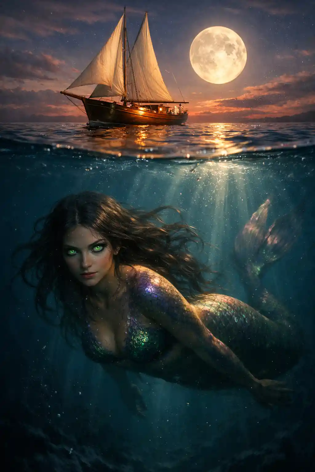 Sirena subacquea sotto una barca a vela di legno al chiaro di luna