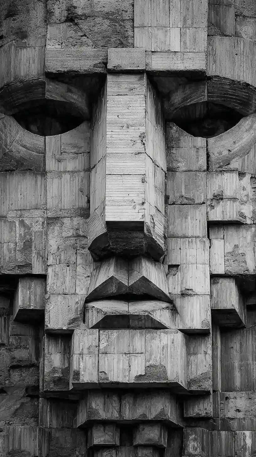 Monumental brutalist concrete facade forming a human face