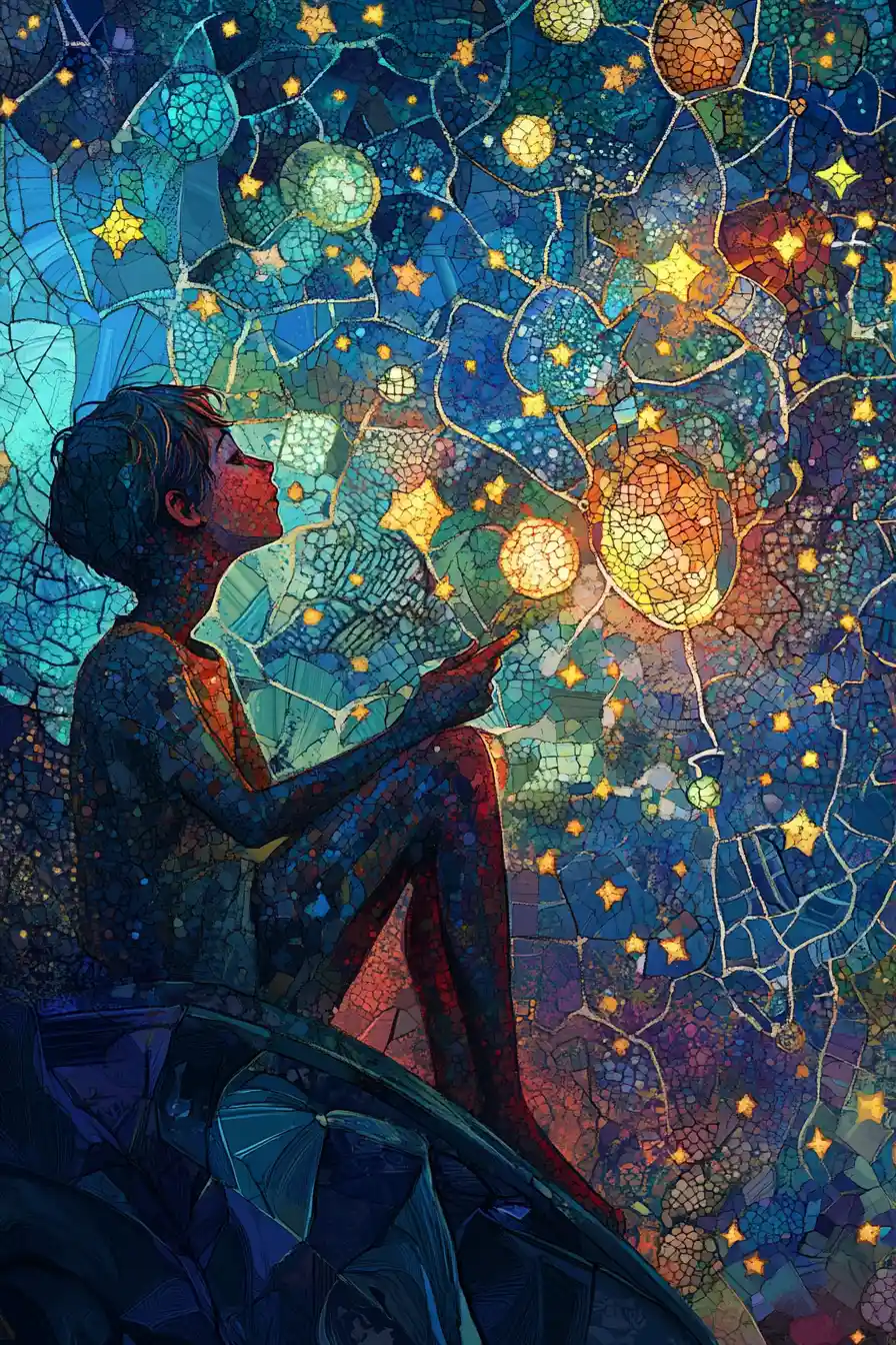 Traveler carrying a glowing lantern across a starlit fantasy sea