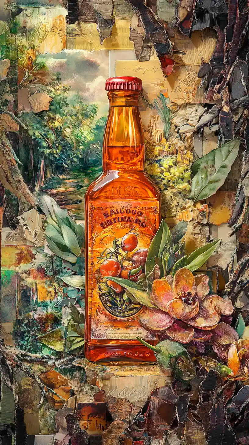 Vintage collage of sauce bottles dancing in a night forest