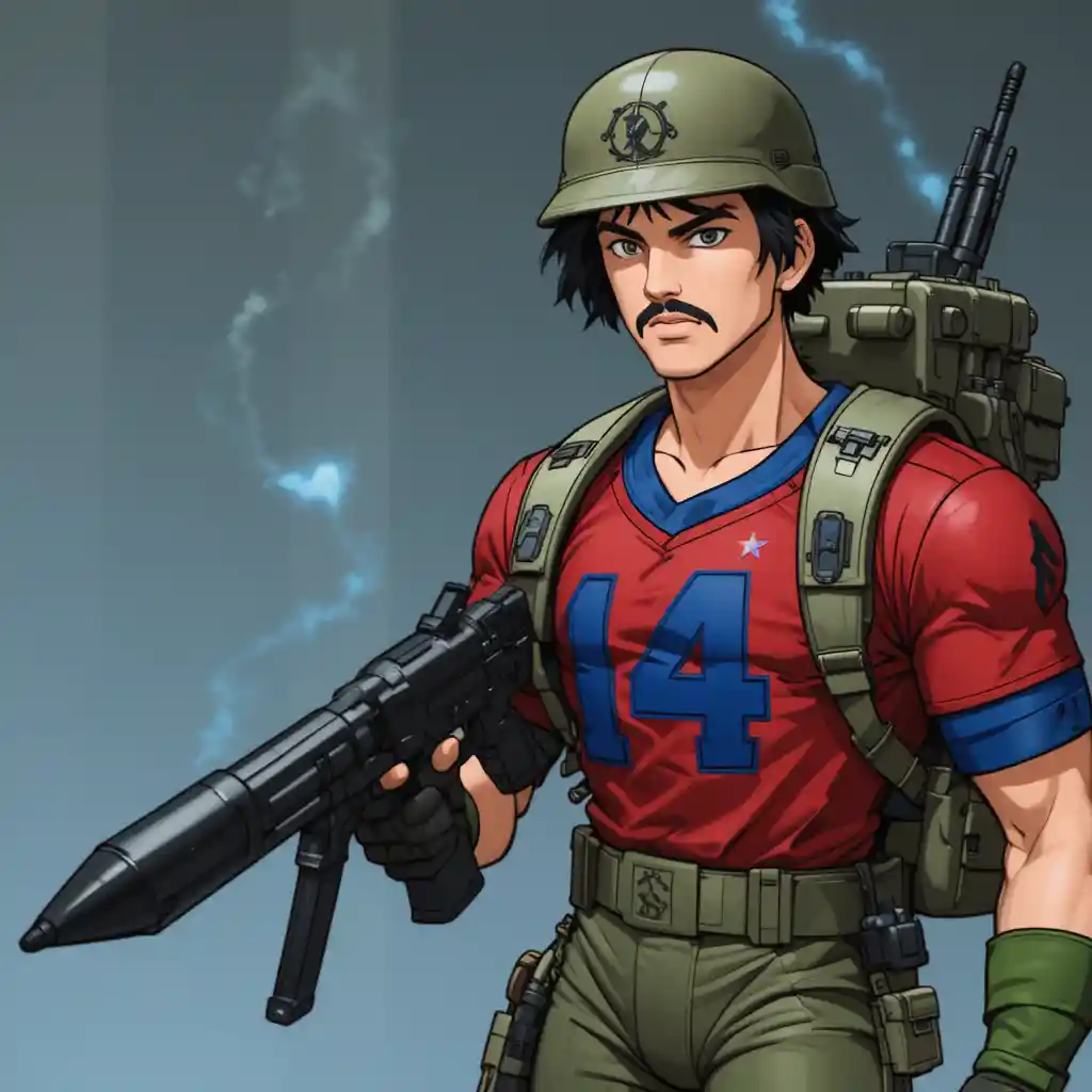 Anime soldier in red jersey with green combat gear