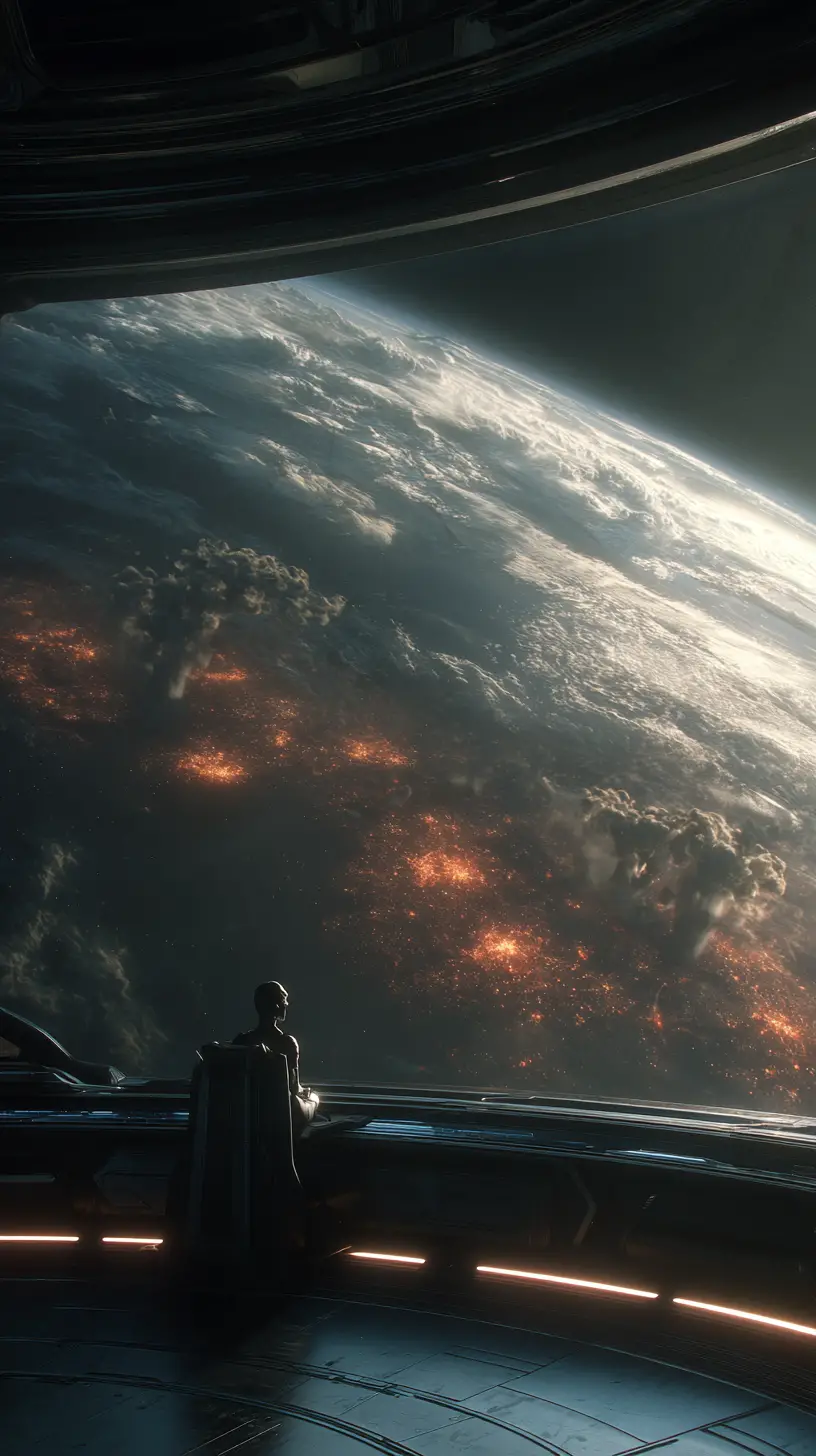 Alien watching devastated earth from dark spacecraft cockpit