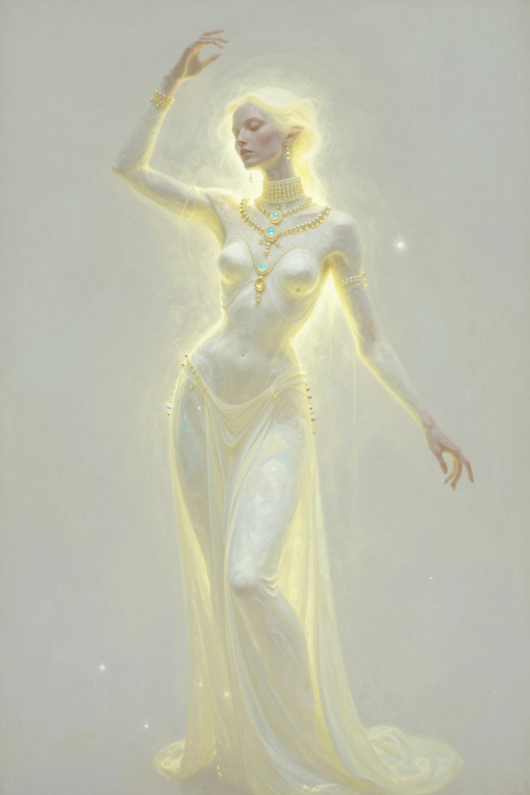 Ritratto surreale di una donna aliena con tunica di luce stellare brillante