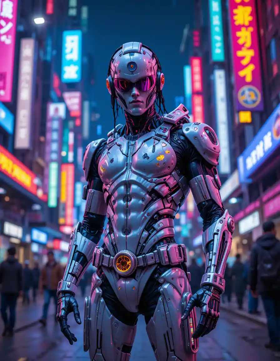 Cyborg man posing in a futuristic cyberpunk metropolis street