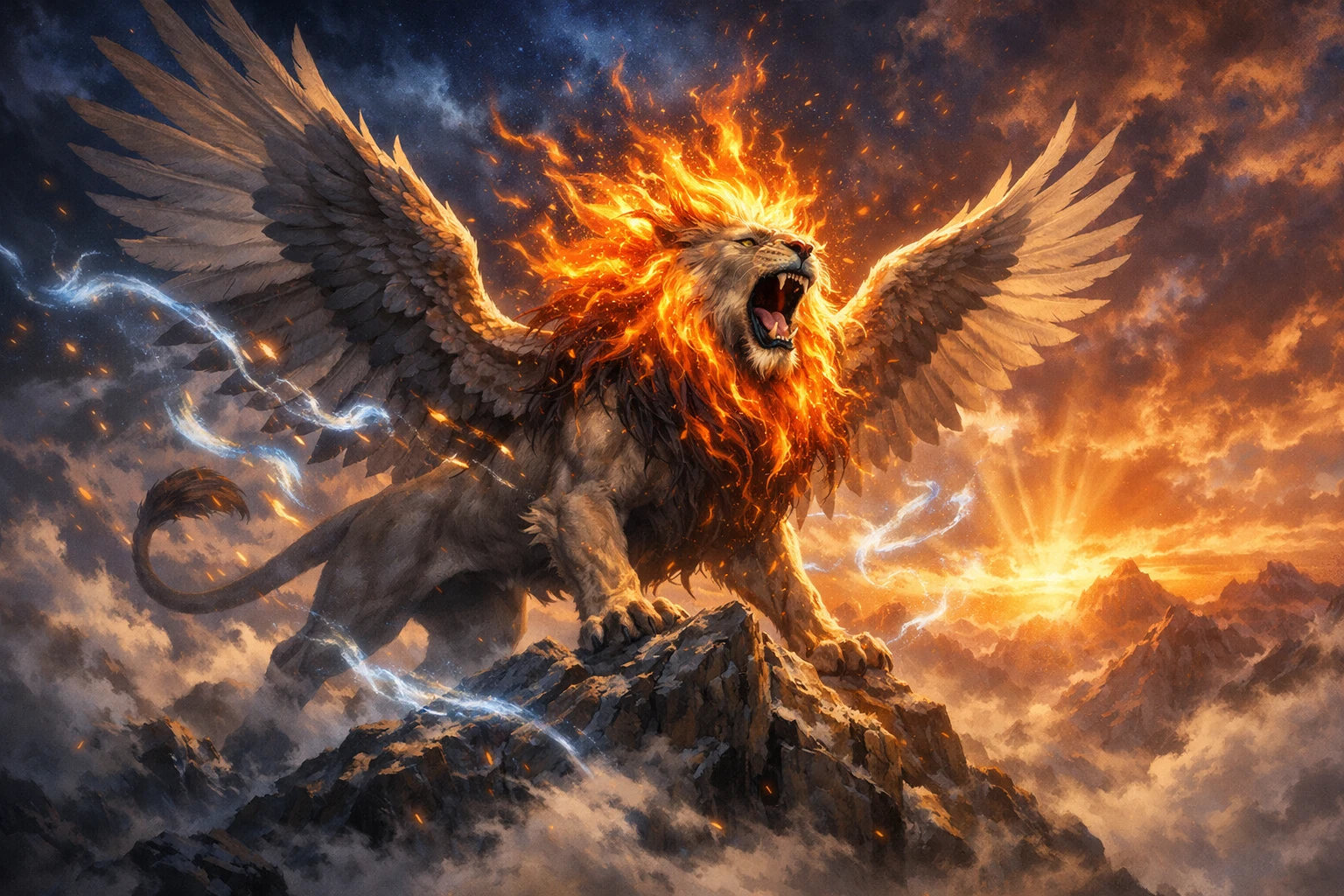 Majestic winged lion rising over a misty mountain peak