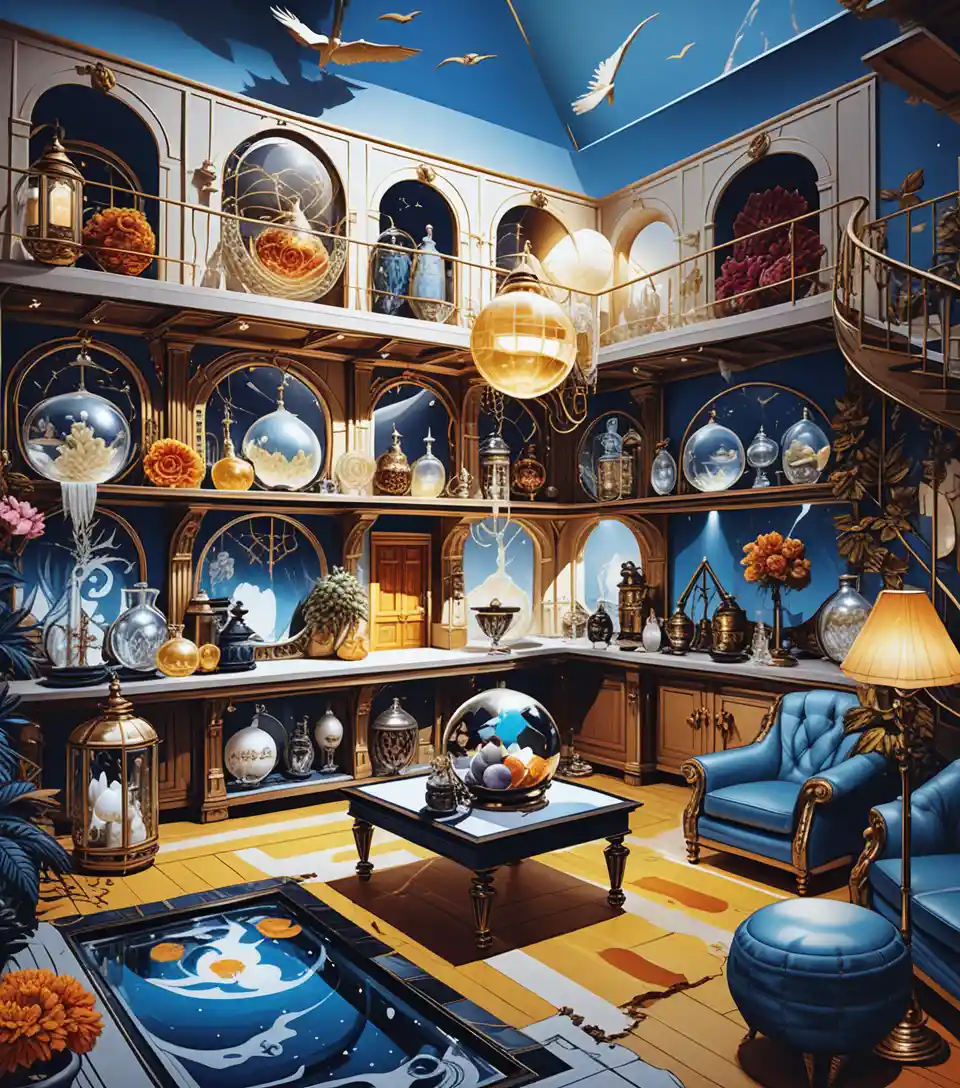 Fantasy two story merchant house interior 3D illustration