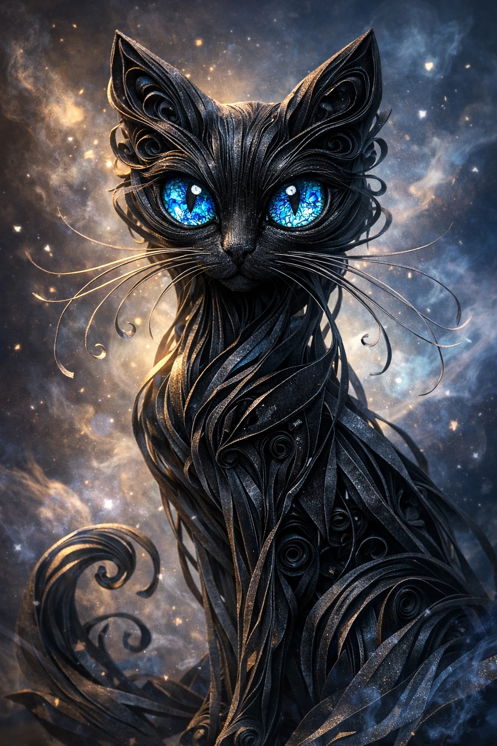 Skinny black paper cat with reflective blue quilled eyes