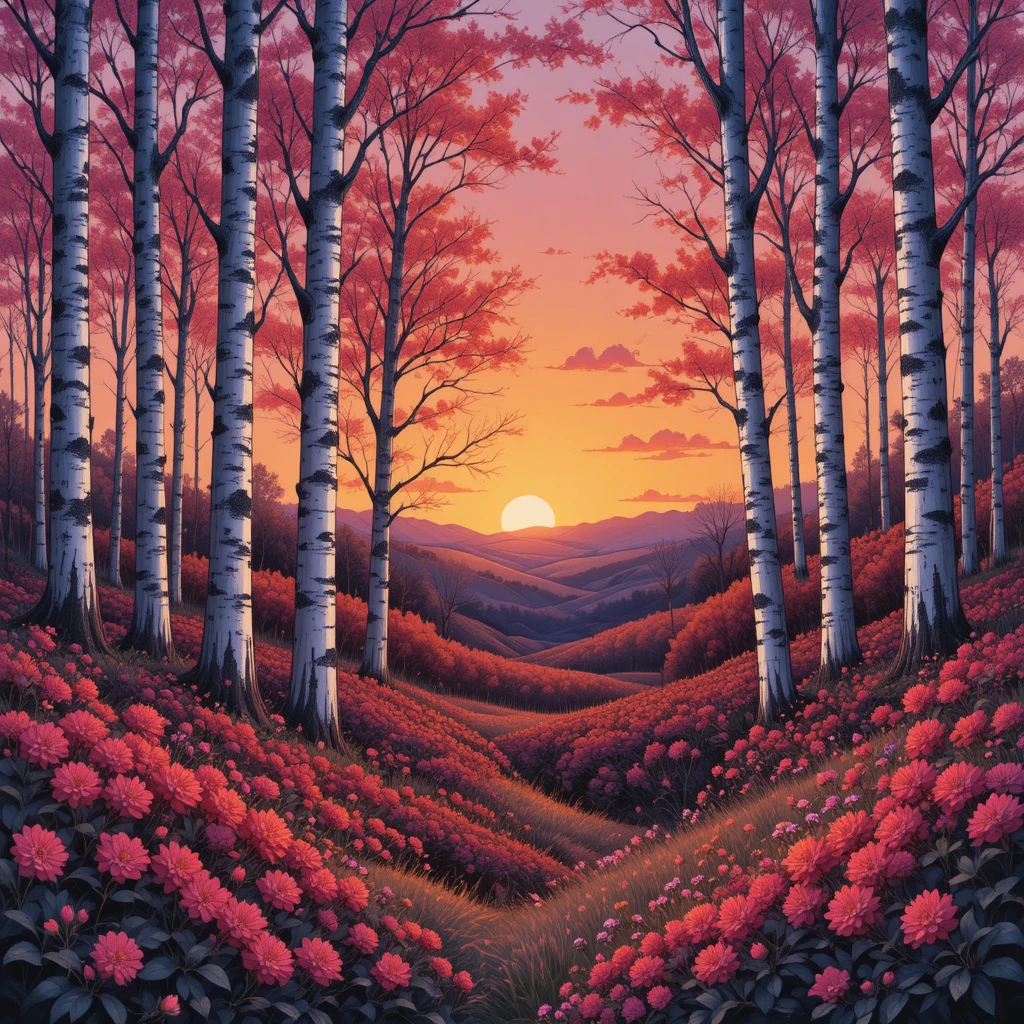 Spring birch forest at sunset with glowing mimosa flowers