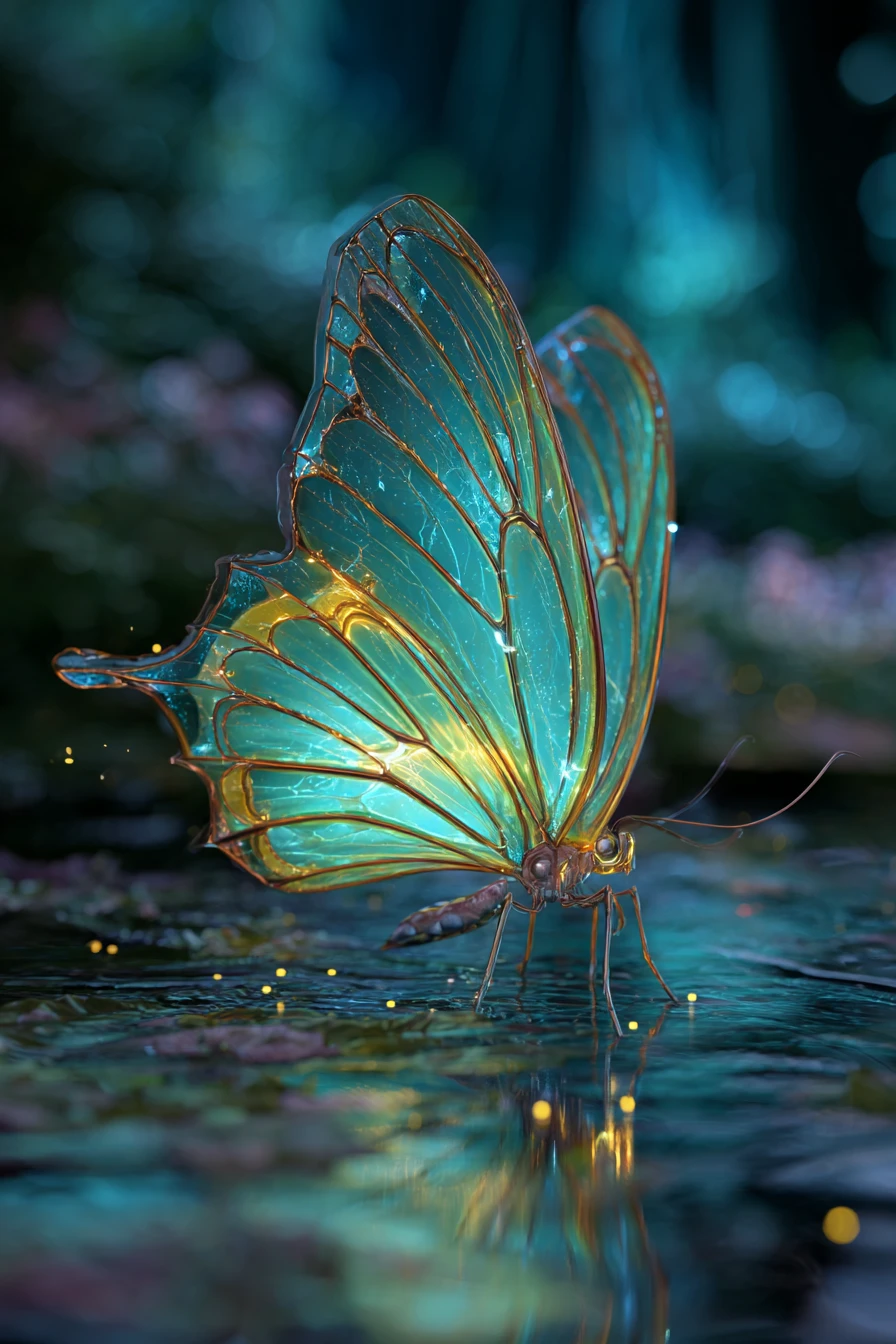 Mariposa mágica luminosa sobre el agua reflectante al atardecer