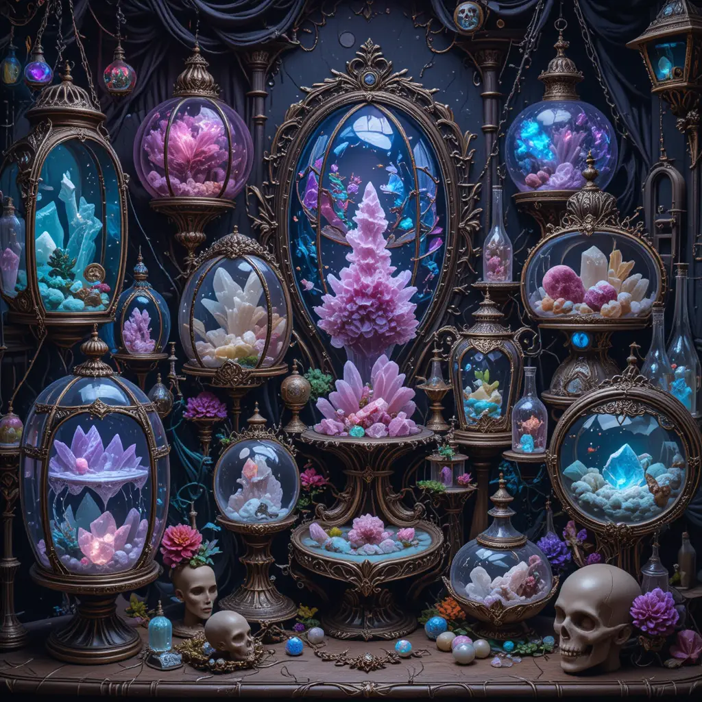 Victorian curiosity display of crystals and witchy relics