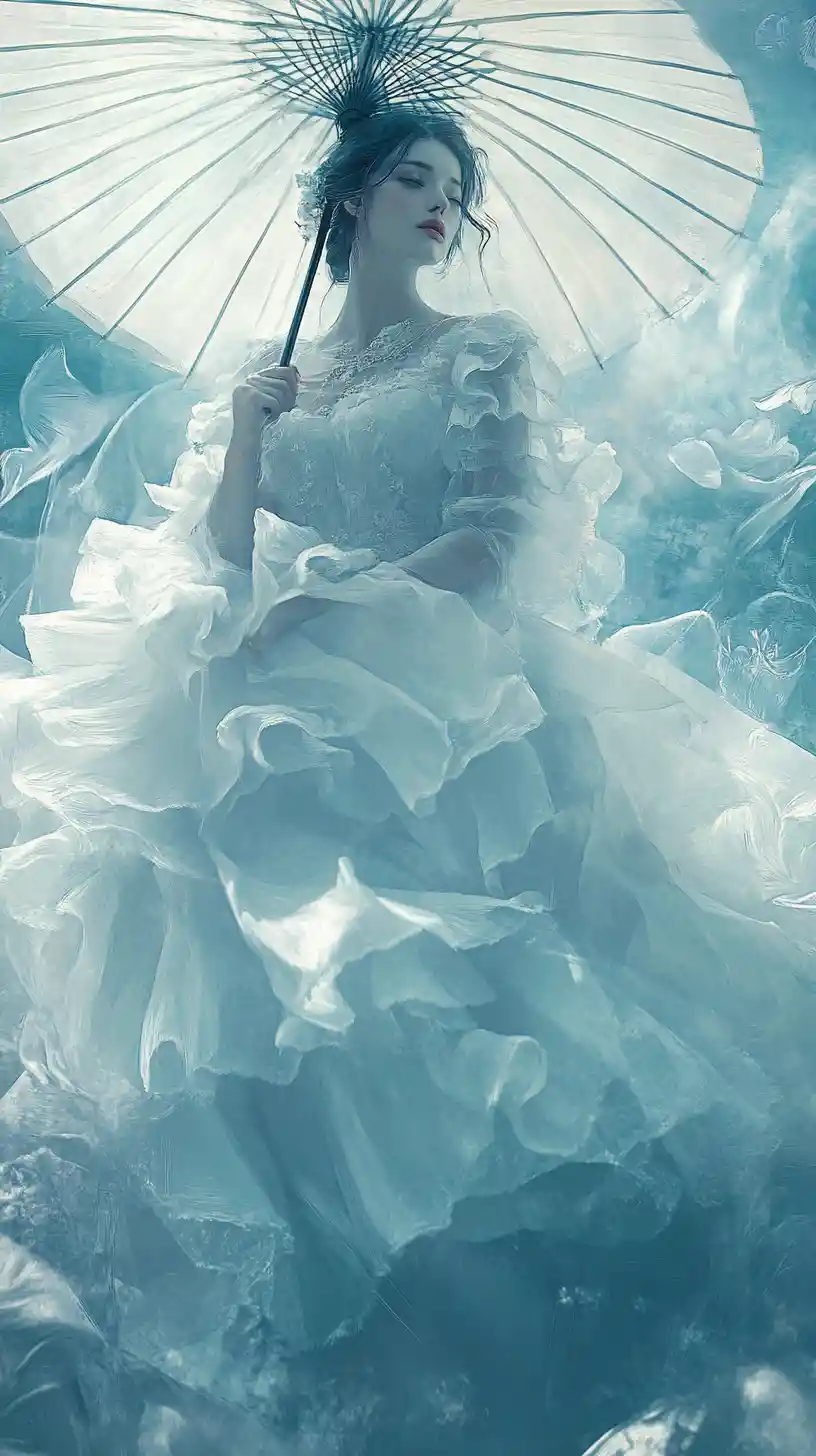 Ethereal woman in white gown with parasol