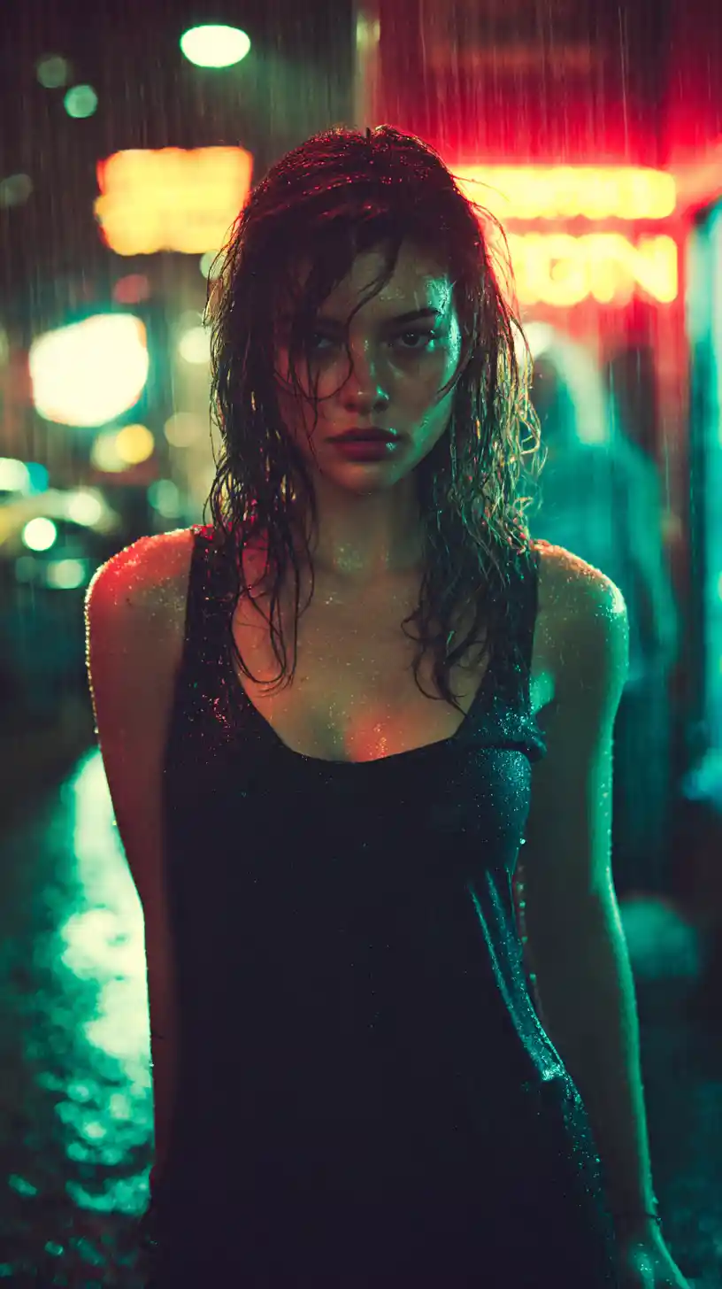 Jeune femme dans une ruelle pluvieuse éclairée au néon, regard intense