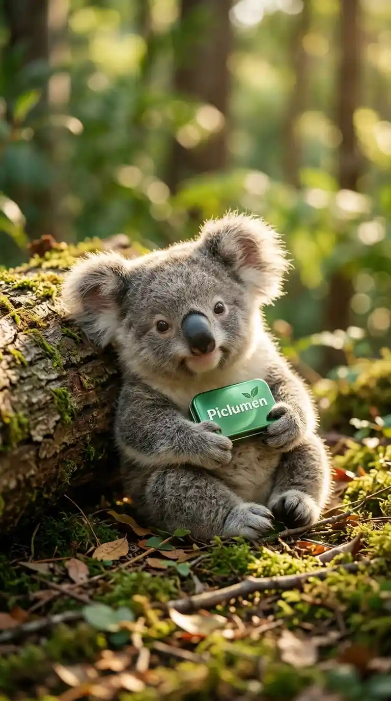 Cucciolo di koala che tiene una lattina nella soffusa luce del bosco