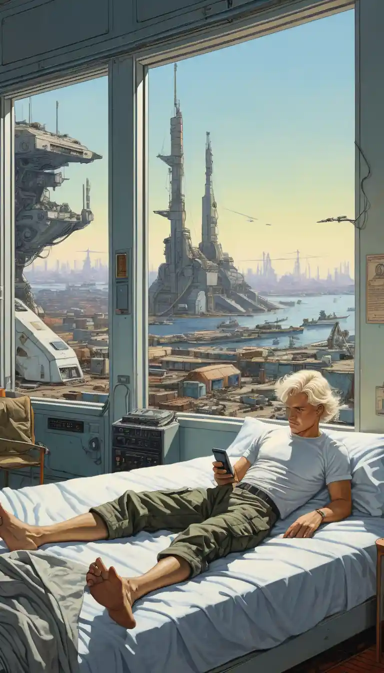 Young man on bed overlooking futuristic industrial harbor
