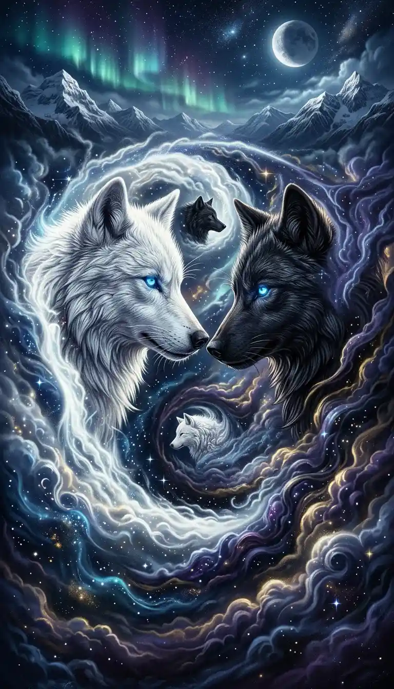 Lobos branco e negro em místico equilíbrio yin yang