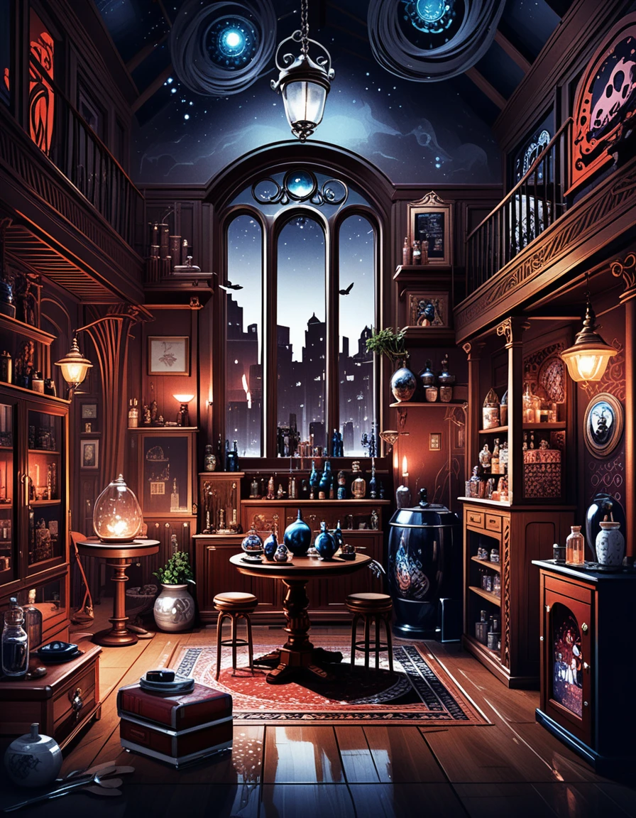 Fantasy merchant house diorama with exposed interior rooms