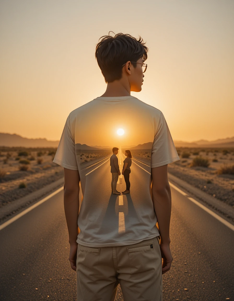 Homem em pé em rodovia no deserto ao pôr do sol quente