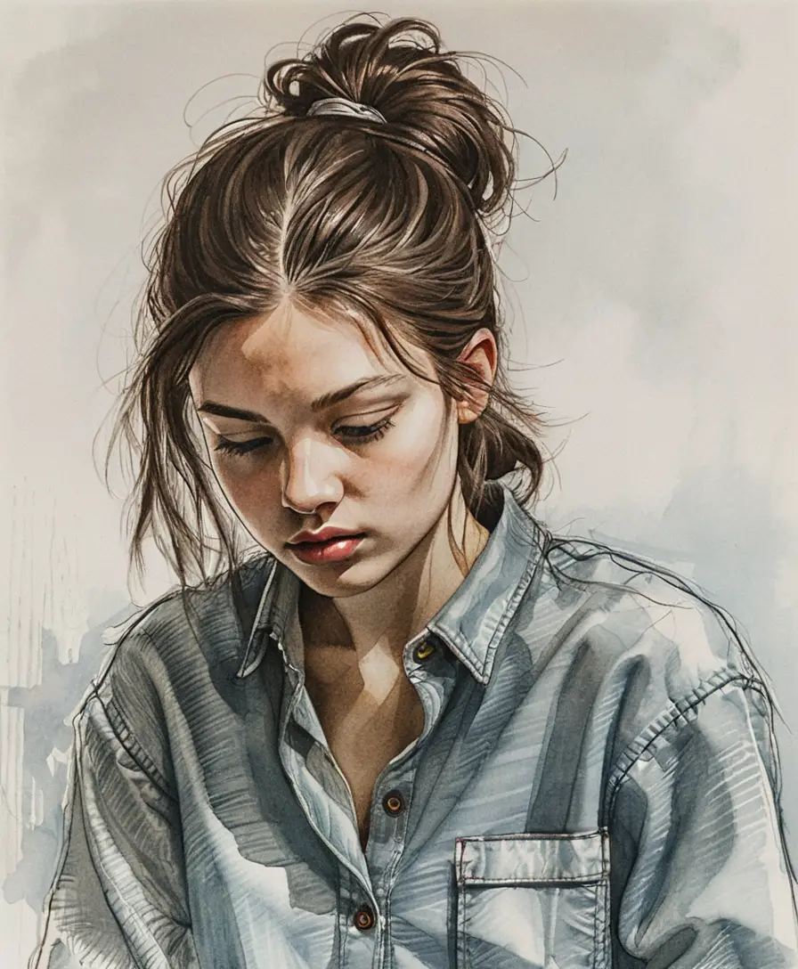 Pensive young woman by a bright window in soft natural light