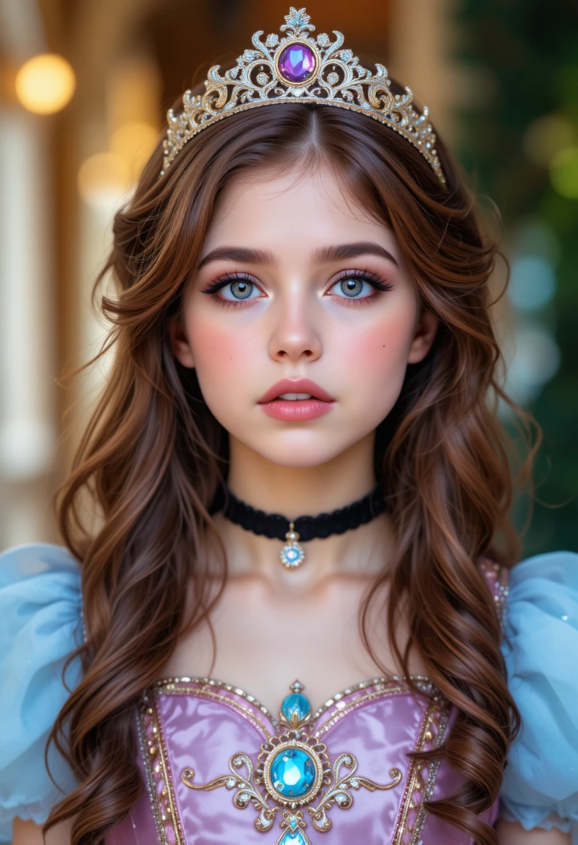Niño preadolescente nervioso con vestido de princesa en un parque temático