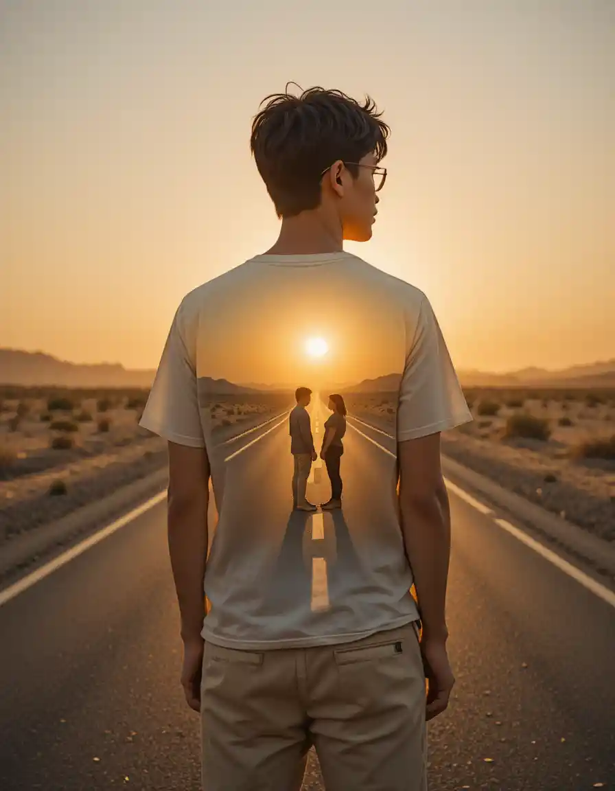 Uomo in piedi su un’autostrada nel deserto al caldo tramonto