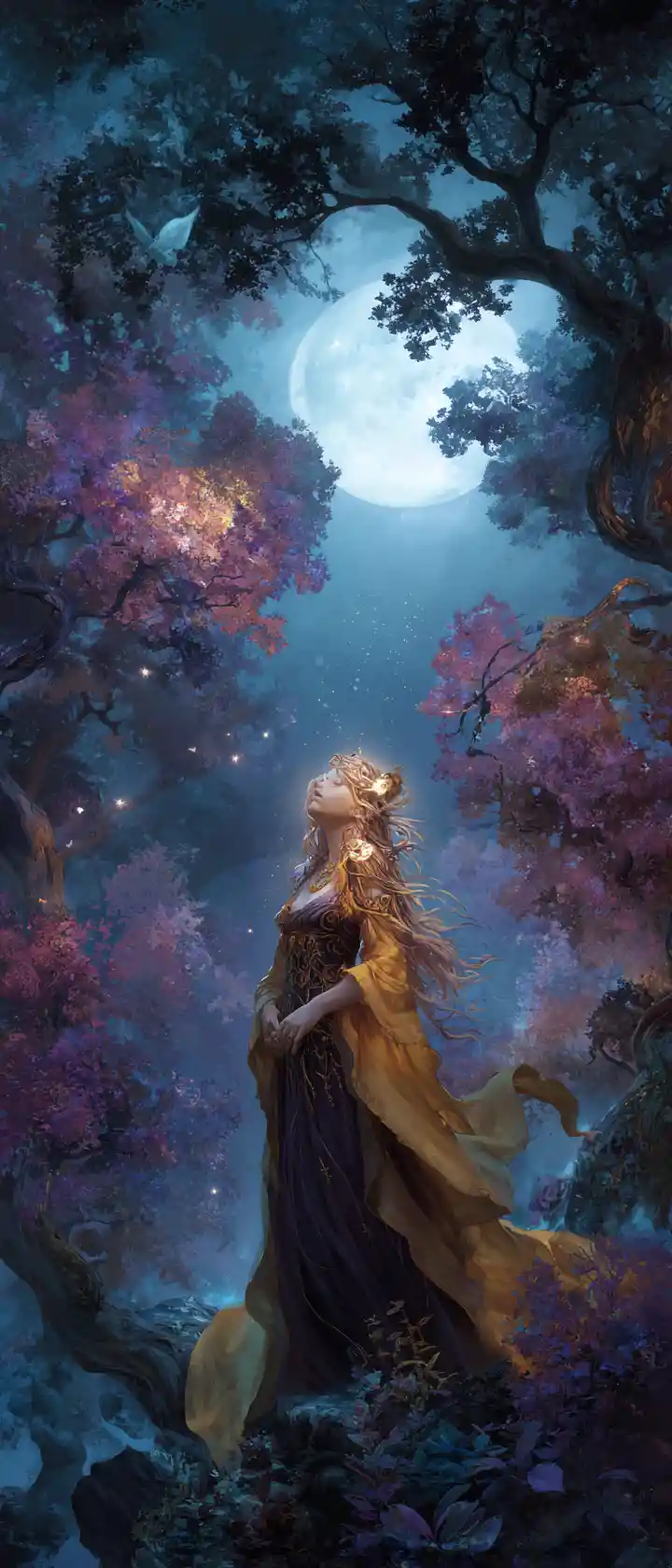 Mystical owl sorceress under the full moon in forest