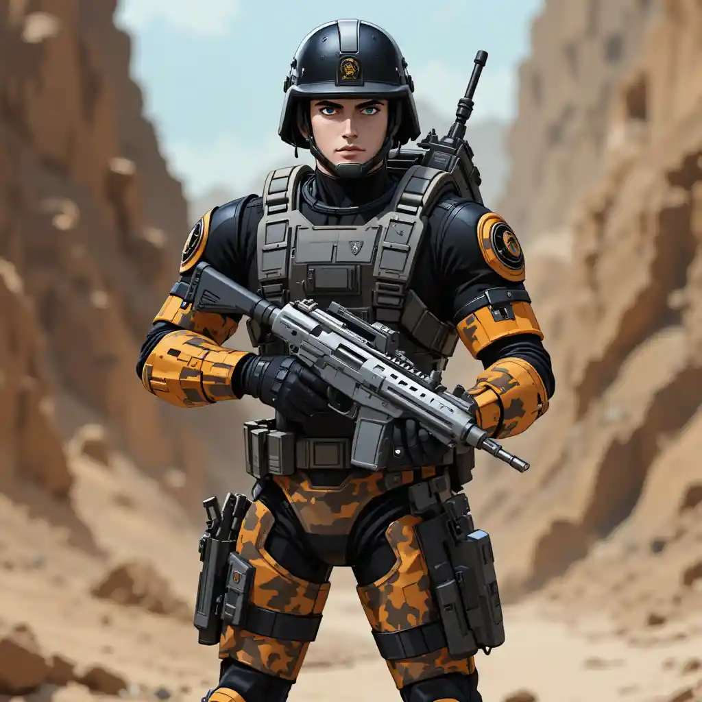 Anime-Soldat in schwarzer Rüstung mit orangefarbener Tarnung