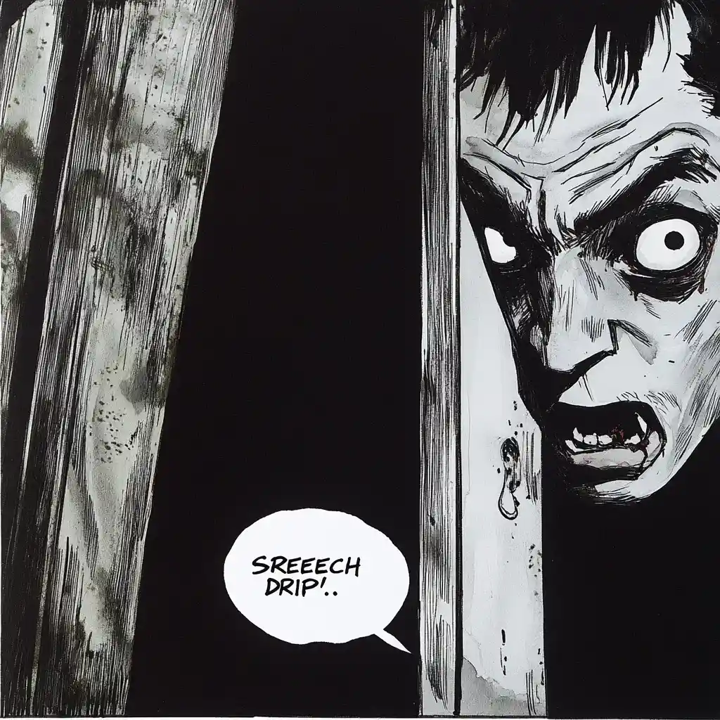 Monstruo grotesco emergiendo de las sombras en cómic de terror
