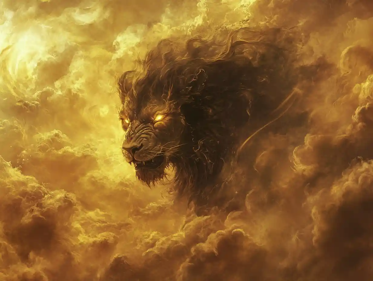 Mystical Black Lion Formed From Golden Storm Clouds