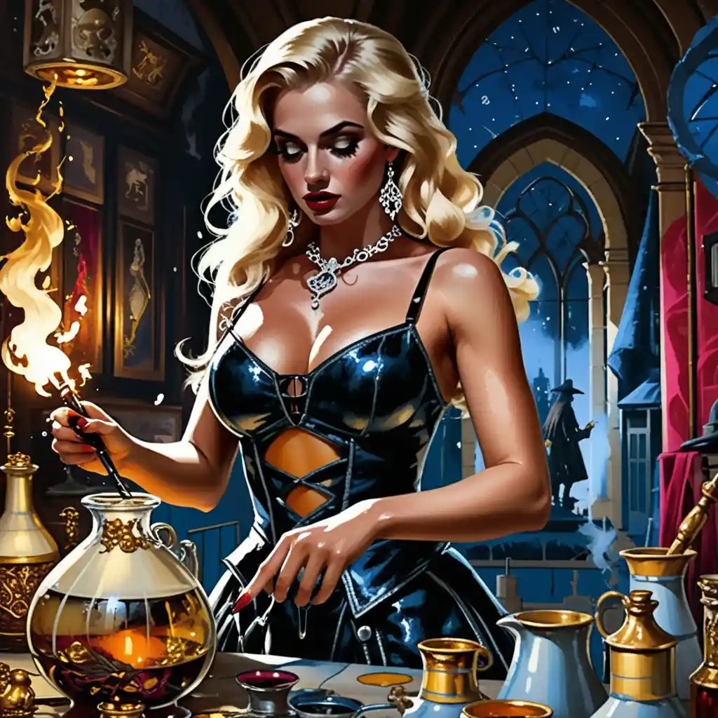 Strega bionda che crea pozioni in una colorata bottega magica medievale