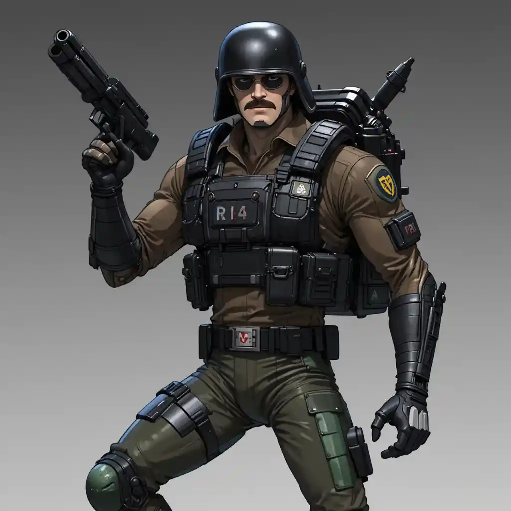 Anime soldier with eyepatch helmet and bionic arm portrait