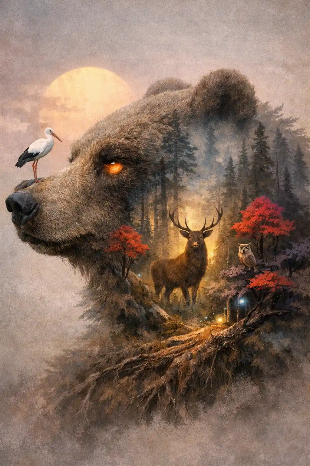 Surreal Bear Profile Merged With Mystical Forest Landscape