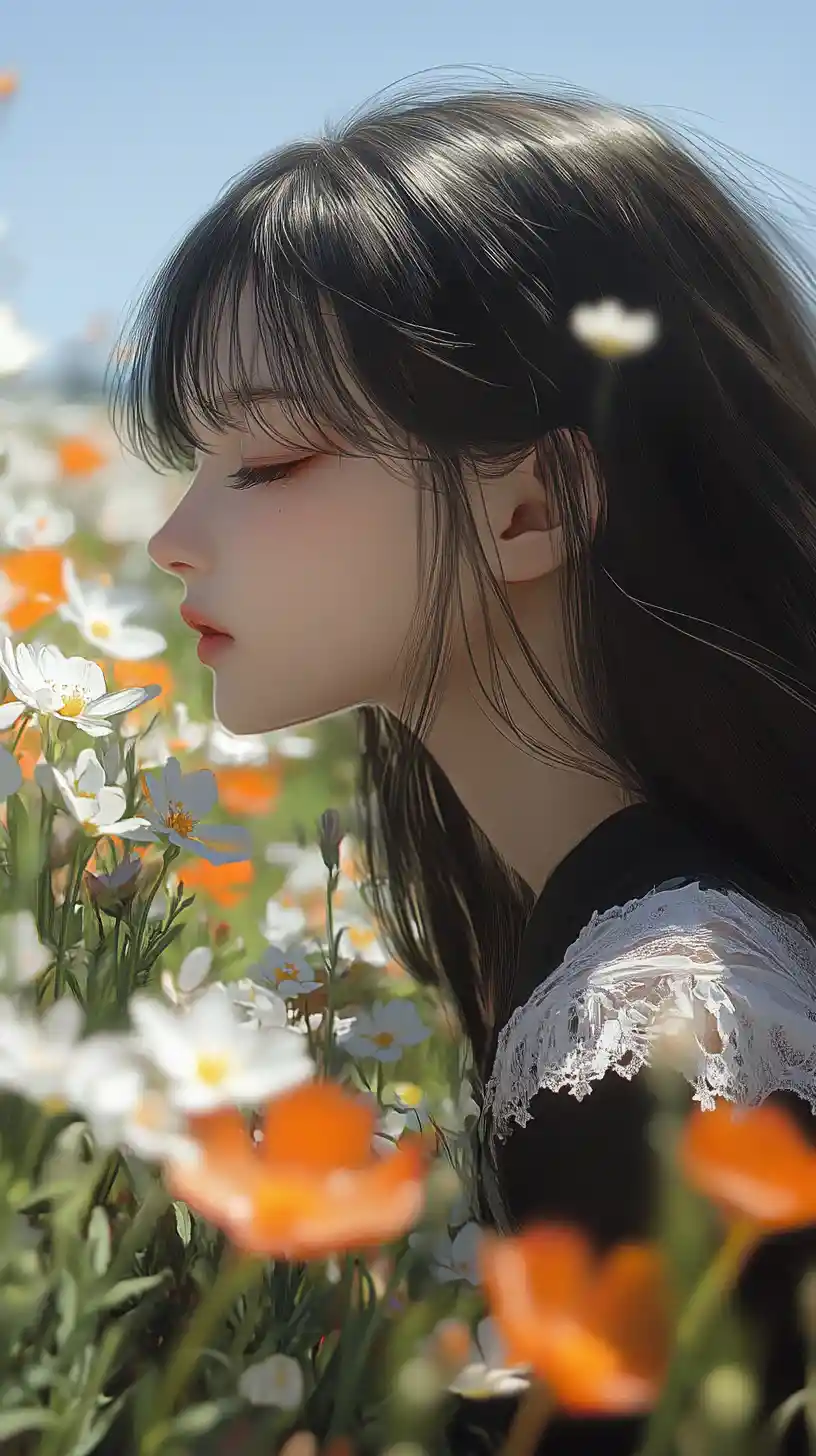 Anime girl leaning toward flowers in a sunny field
