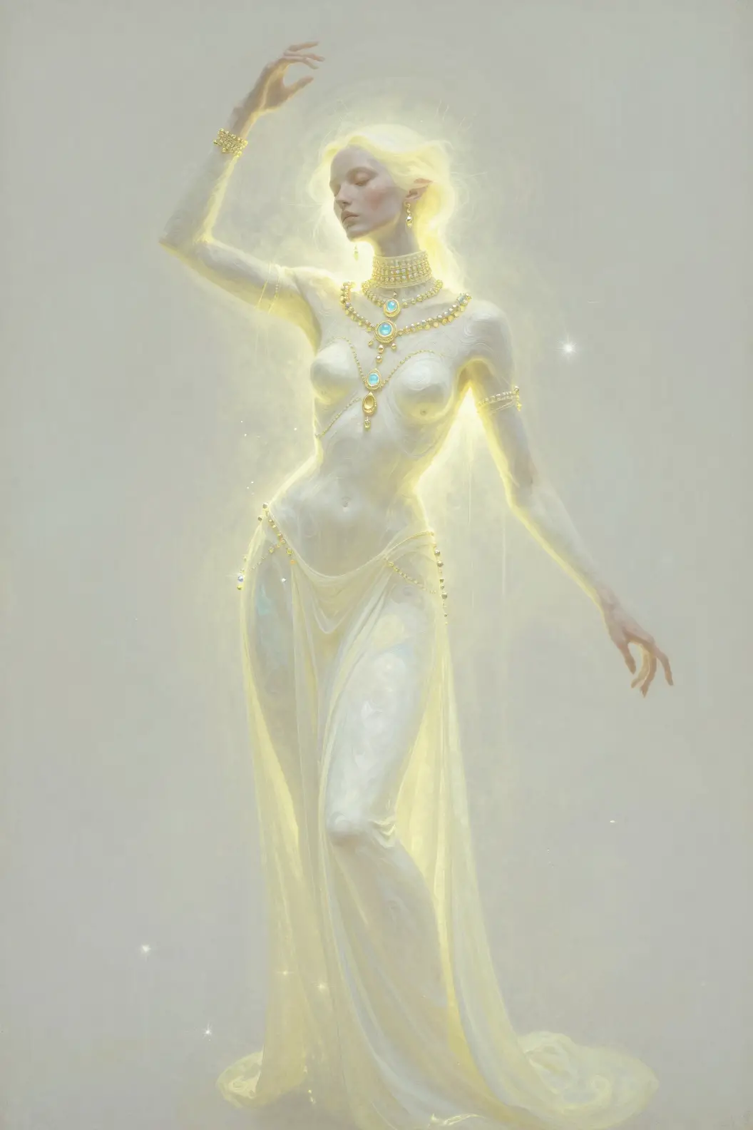 Surreal portrait of an alien woman in glowing starlight tunic