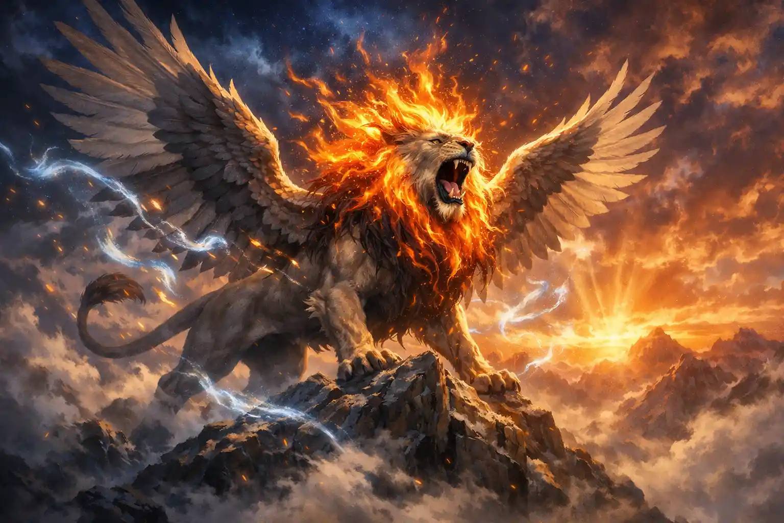 Majestic winged lion rising over a misty mountain peak