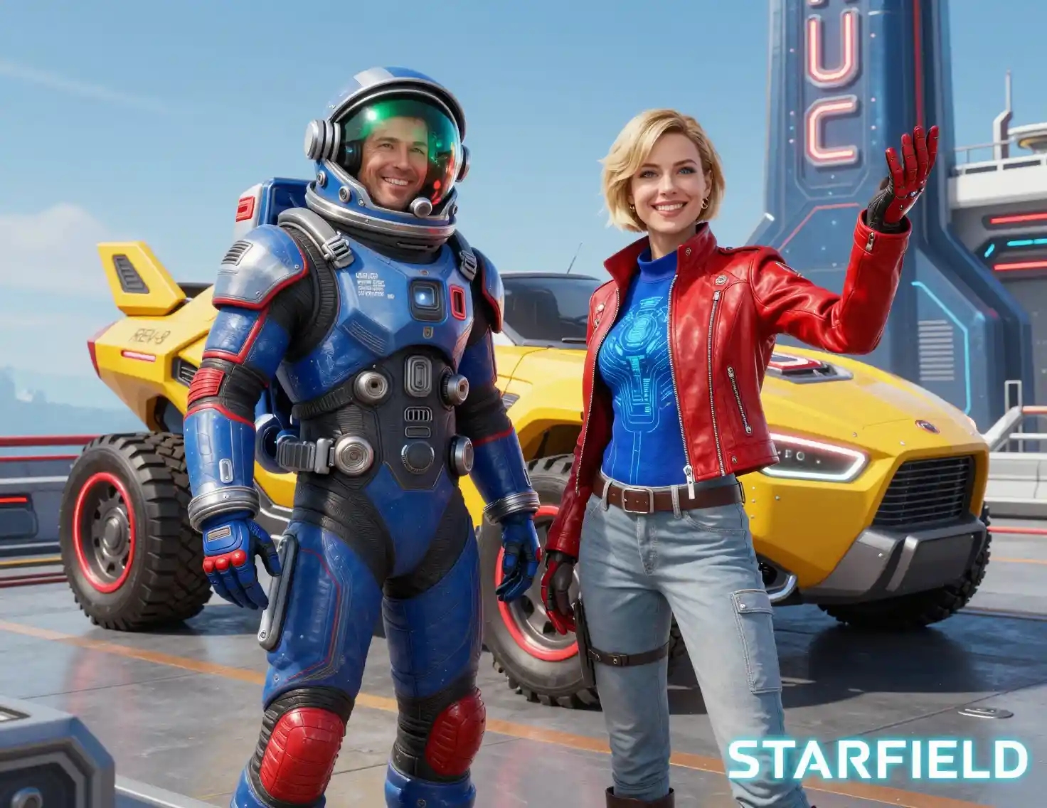 Astronaut and woman posing on futuristic rooftop platform