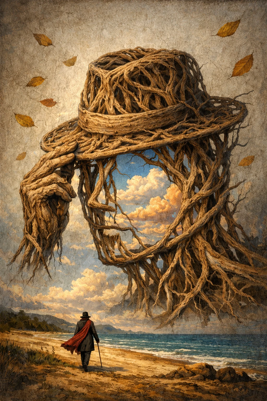 Surrealer Baum formt menschlichen Kopf, der sich zu Himmel und Meer öffnet