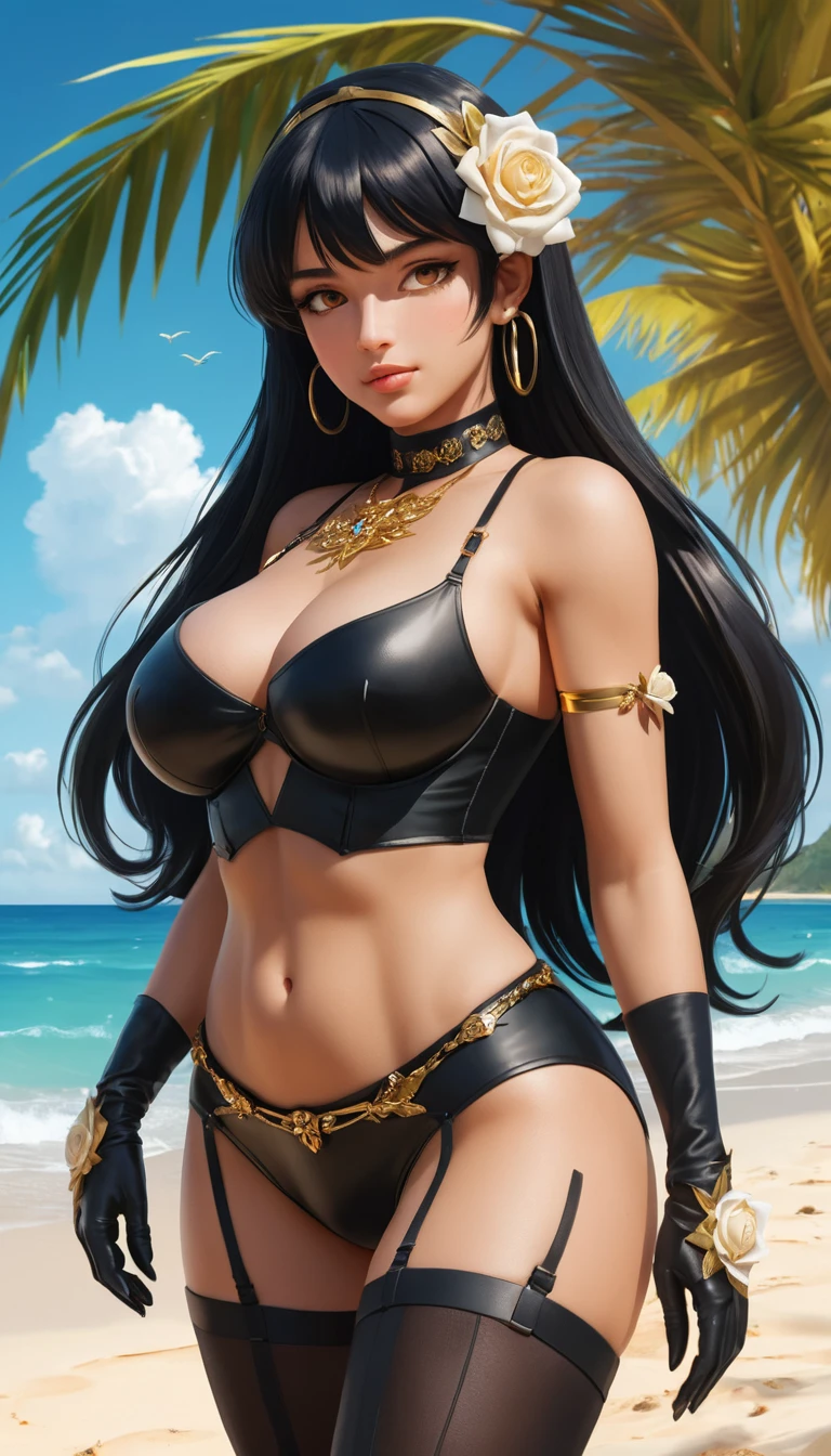 Üppige Anime-Frau entspannt an einem sonnigen Tropenstrand